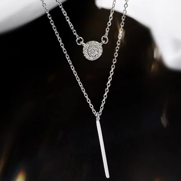 S925 Silver Color Double Chain Long Stick Micro Pave Zircon Round Pendant Necklaces For Women Trendy Jewelry