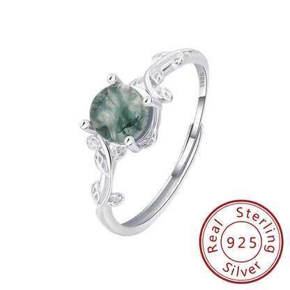 S925 Silver Green Moss Ring Water Plants Agate Stone Finger Ring